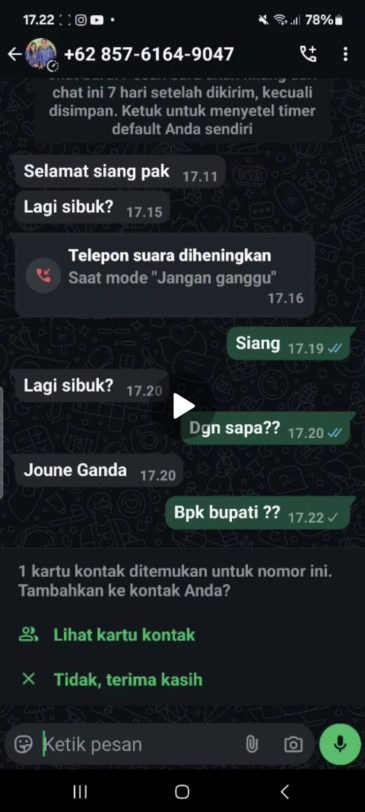 Modus Penipuan, Hati-hati Nomor WhatsApp Mengatasnamakan Bupati